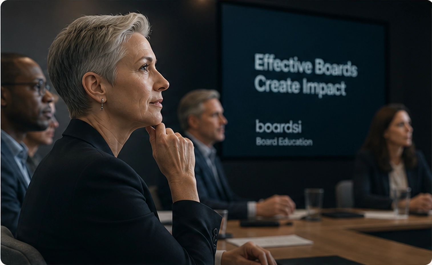 Executives seated in a board education meeting